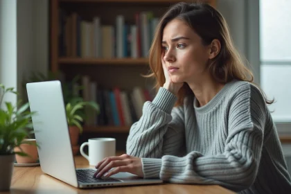 Femme perplexe devant un écran de connexion à un portail médical en ligne depuis son bureau à domicile