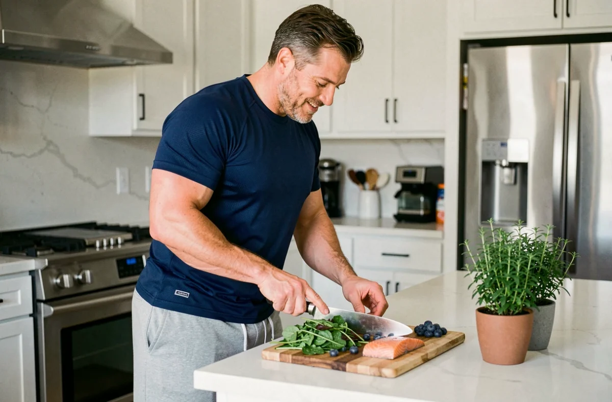 Homme préparant un repas sain riche en légumes et en oméga-3 pour réduire naturellement la microalbuminurie