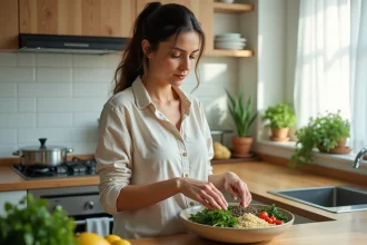 Femme préparant un repas riche en fer et en nutriments essentiels dans une cuisine moderne, pour lutter contre un TCMH bas