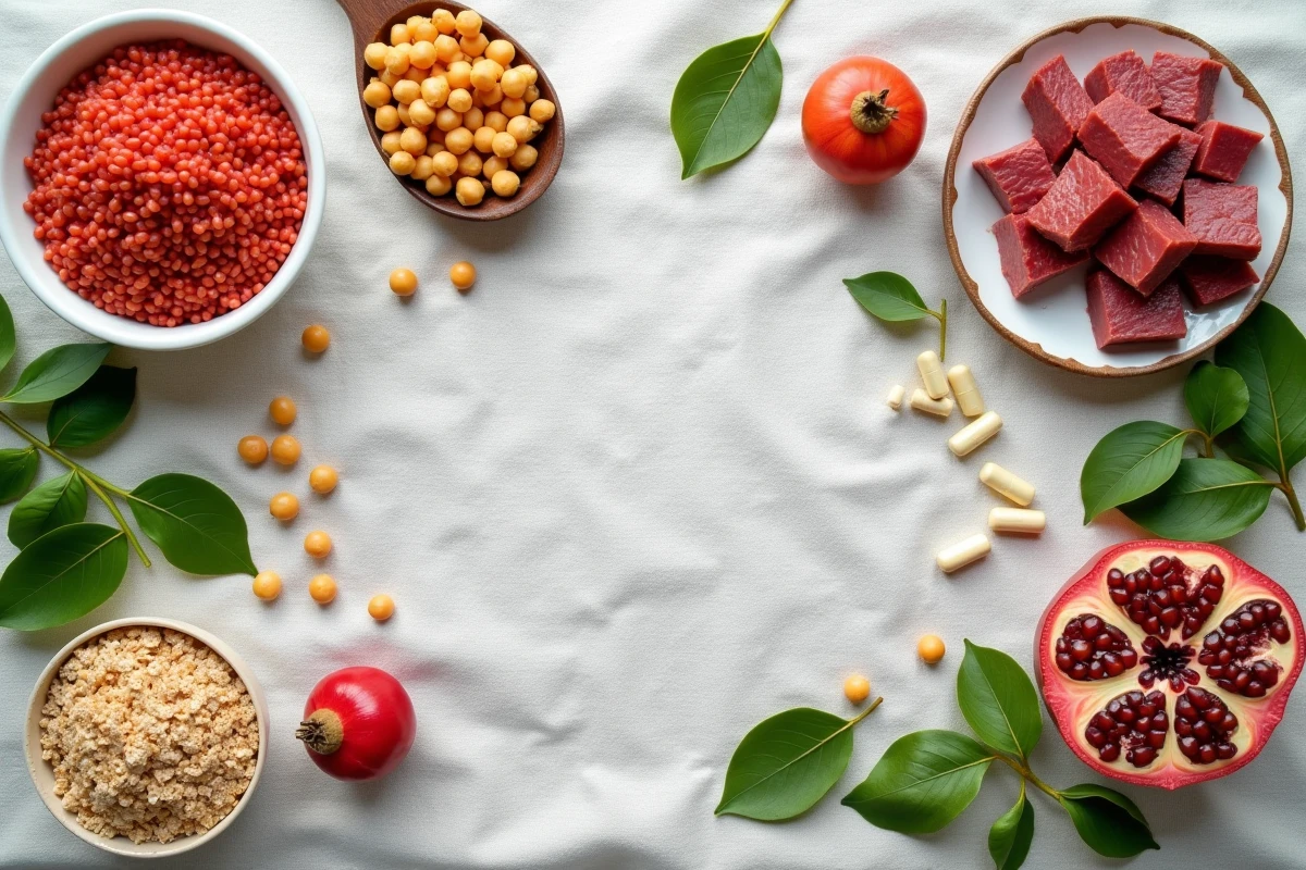 Vue aérienne d'aliments riches en fer et en vitamine B12 recommandés pour corriger un TCMH bas par l'alimentation
