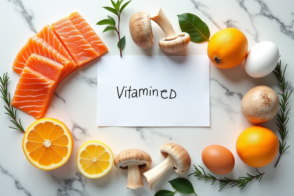 Vue aérienne de fruits, champignons et aliments naturellement riches en vitamine D disposés sur du marbre blanc