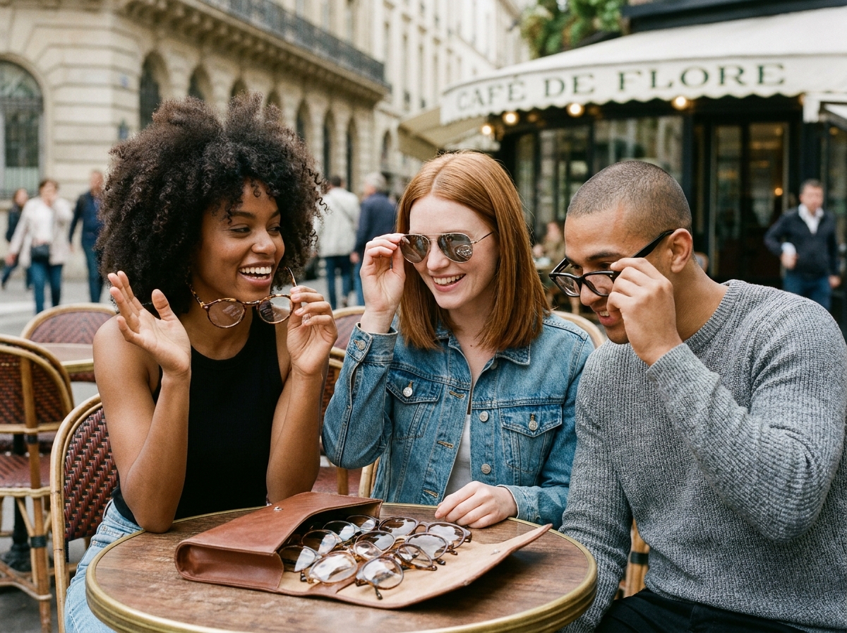 Groupe d'amis qui essayent des lunettes ensemble en terrasse de café à Paris