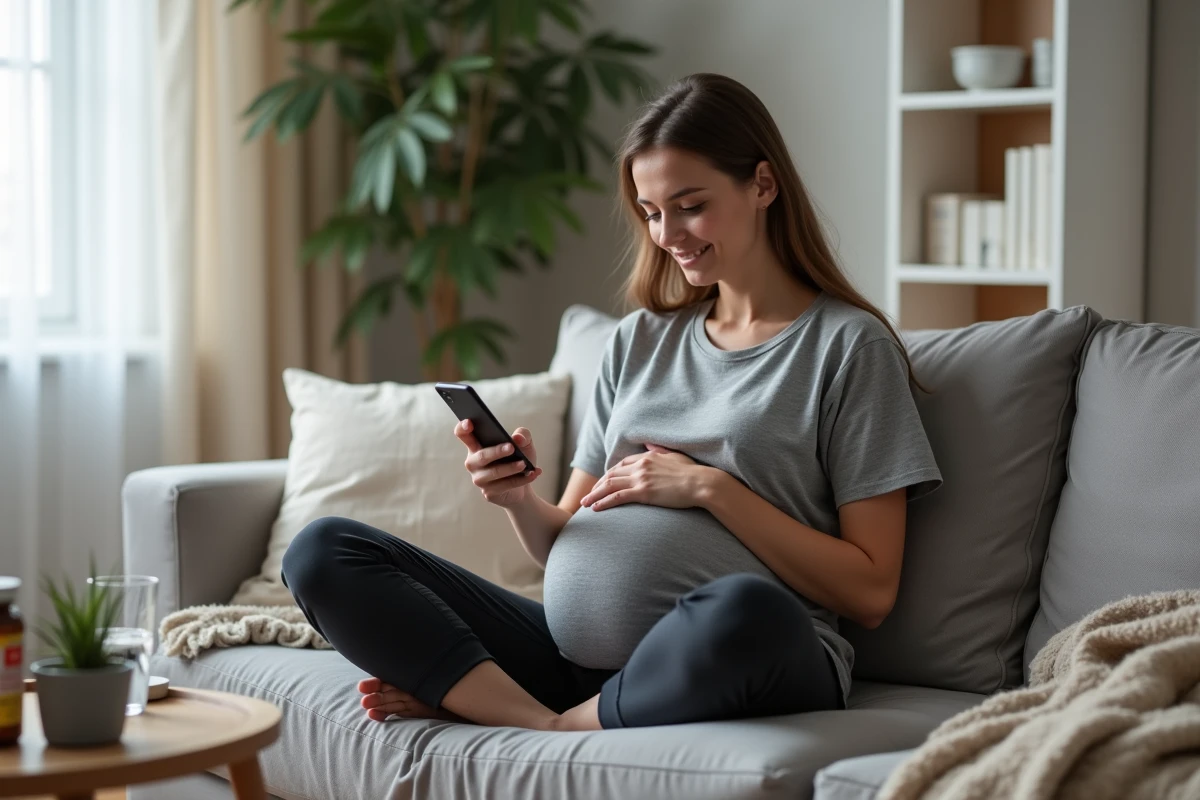 Femme enceinte utilisant une application mobile pour suivre son terme de grossesse après FIV sur un canapé