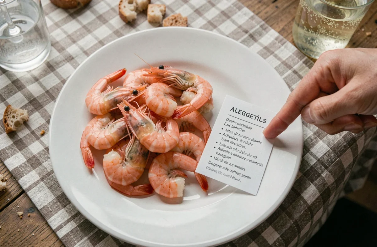 Gros plan sur une assiette de crevettes roses avec une fiche d'information allergènes dans un restaurant français