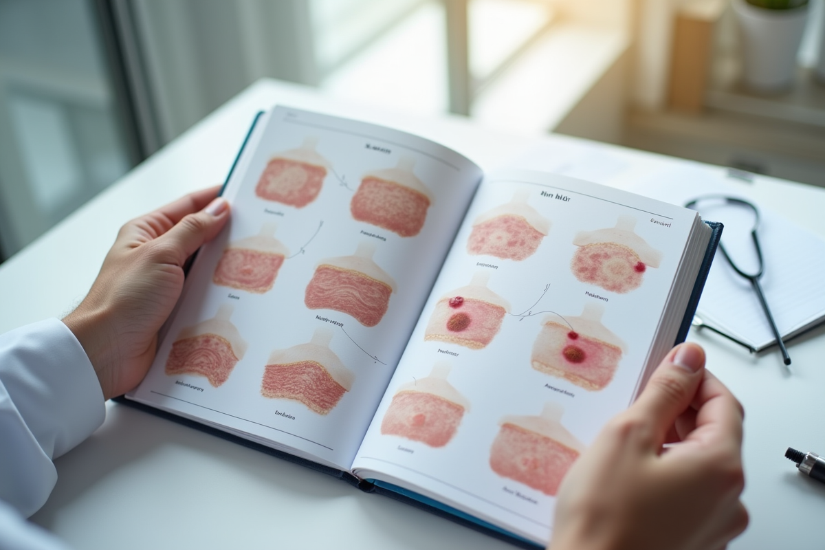 Mains tenant un atlas de la peau avec diverses lésions cutanées