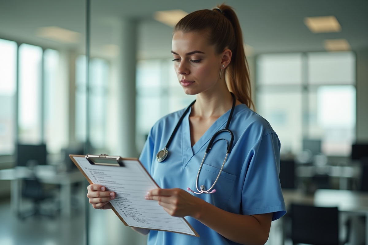 Auxiliaire examinant une liste de regles dans un bureau lumineux