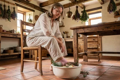 Femme aux pieds dans un bain aux herbes naturelles pour soulager une jambe gonflée, remède de grand-mère dans une cuisine rustique