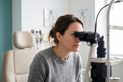 Femme de 40 ans lors d'un bilan visuel chez l'ophtalmologiste, examen à la lampe à fente dans un cabinet moderne