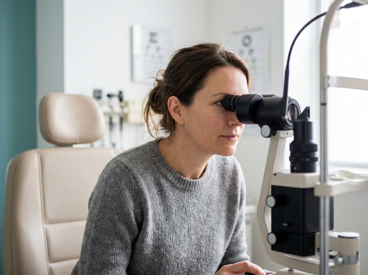 Femme de 40 ans lors d'un bilan visuel chez l'ophtalmologiste, examen à la lampe à fente dans un cabinet moderne