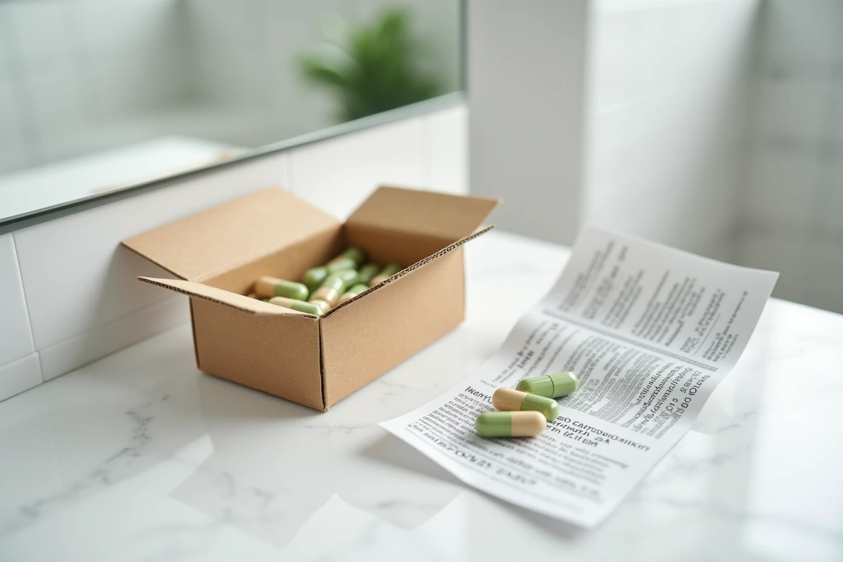 Boîte de complément alimentaire Kalinoe ouverte avec notice et gélules sur un comptoir de salle de bain