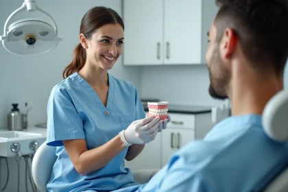 Dentiste présentant un bridge dentaire et une couronne prothétique à une patiente en cabinet dentaire moderne