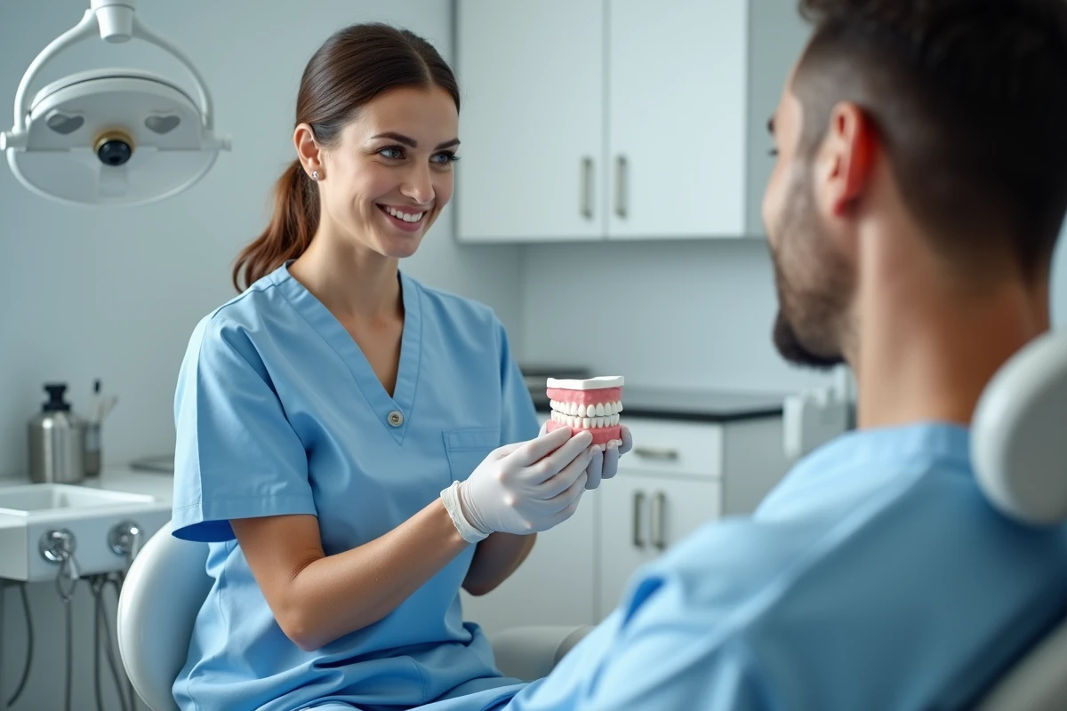 Dentiste présentant un bridge dentaire et une couronne prothétique à une patiente en cabinet dentaire moderne