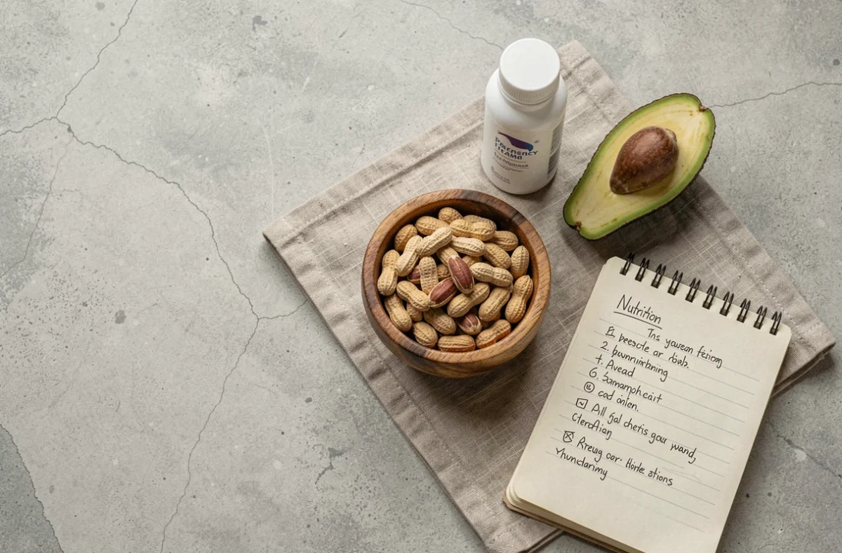 Vue de dessus d'un bol de cacahuètes, vitamines prénatales et carnet de nutrition pour femme enceinte