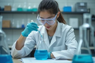 Scientifique mesurant une solution dans une fiole graduée pour calculer une concentration volumique en laboratoire