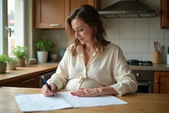 Femme enceinte calculant le terme de sa grossesse après FIV sur un calendrier papier dans une cuisine chaleureuse