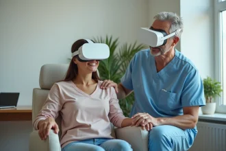 Thérapeute guidant une patiente portant un casque de réalité virtuelle thérapeutique dans une clinique de rééducation moderne