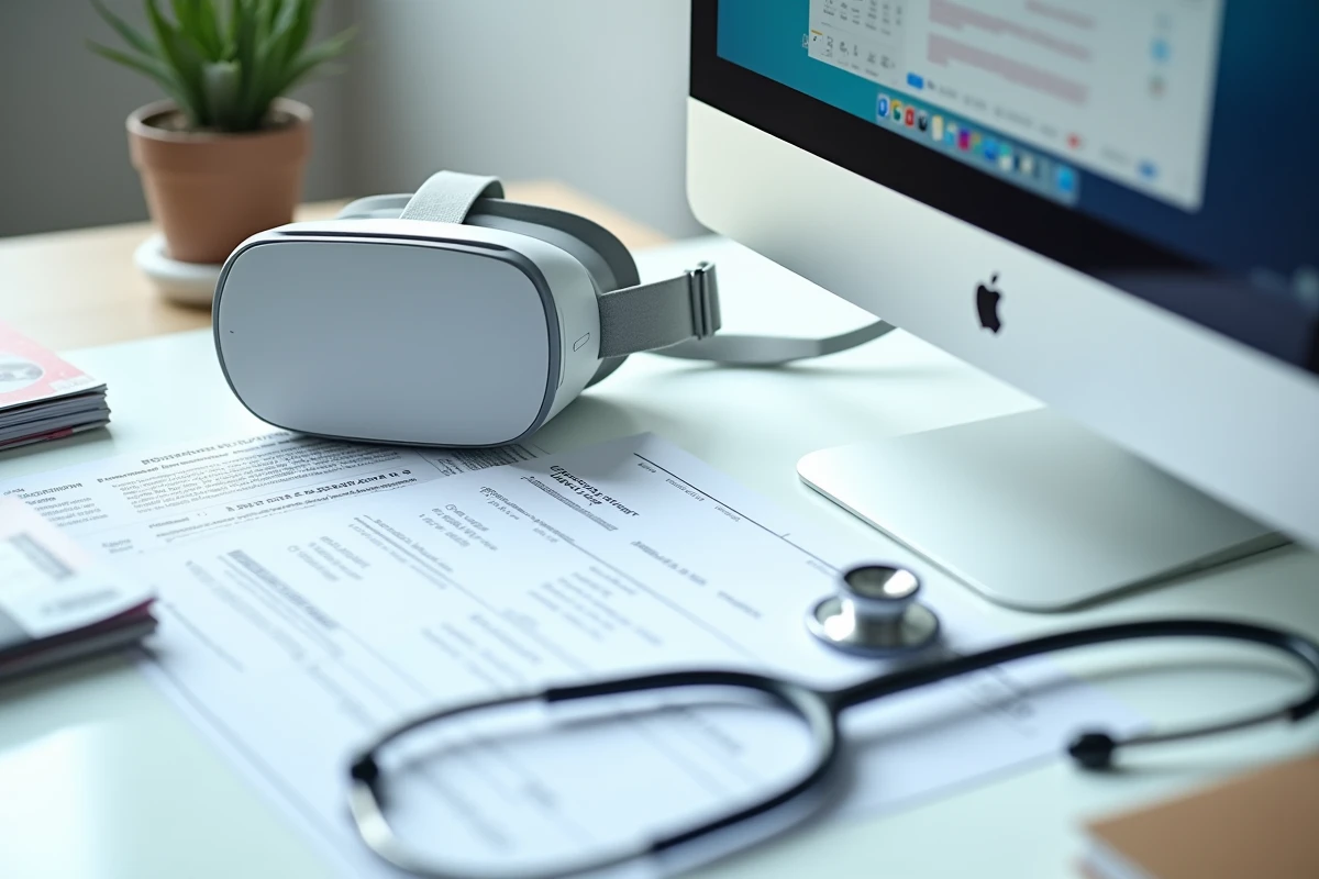 Casque de réalité virtuelle thérapeutique posé sur un bureau avec des documents d'aide et de remboursement de santé en France