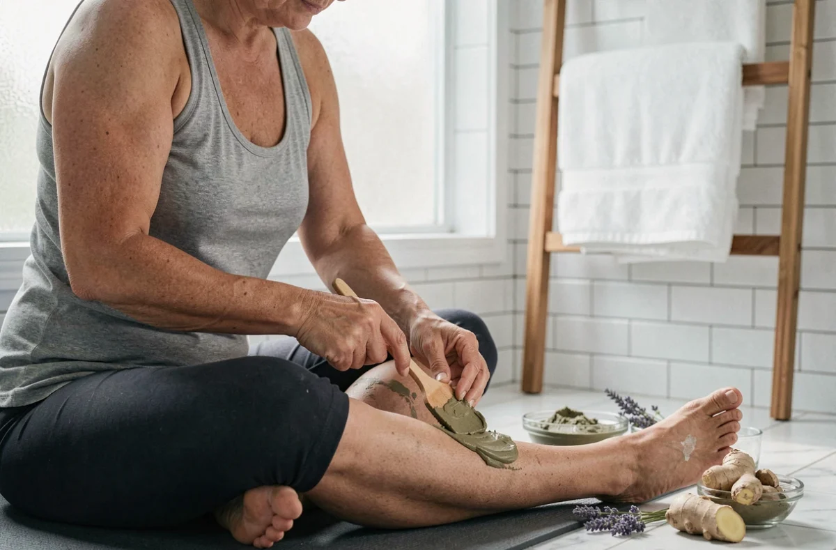 Femme appliquant un cataplasme à l'argile verte et au gingembre sur une jambe gonflée, remède naturel maison dans une salle de bain moderne
