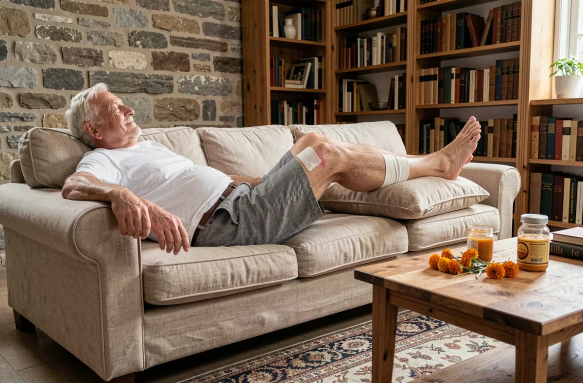 Homme âgé avec la jambe surélevée et un cataplasme à l'arnica pour réduire l'enflure, soin naturel traditionnel à domicile