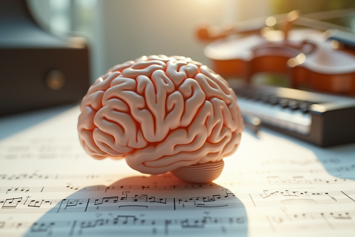 Modèle de cerveau avec partition et instruments de musique