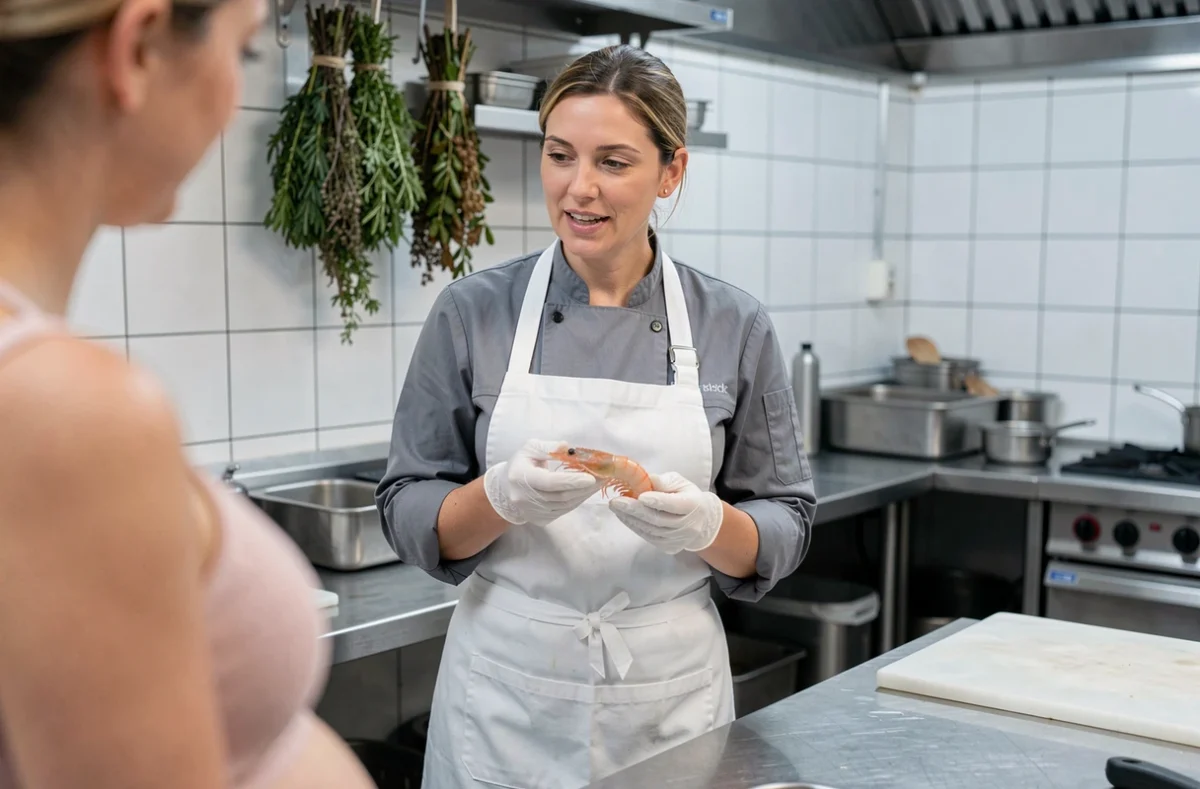 Cheffe cuisinière expliquant à une femme enceinte la préparation des crevettes roses en cuisine de restaurant