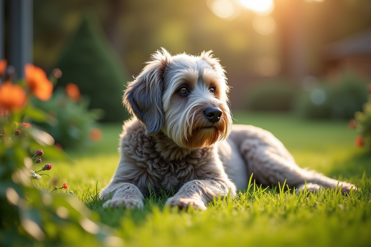 Vieux chien dans un jardin vert sous un soleil doux avec des fleurs en arrière-plan