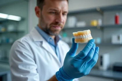 Chirurgien-dentiste examinant une couronne dentaire imprimée en 3D dans un laboratoire dentaire moderne
