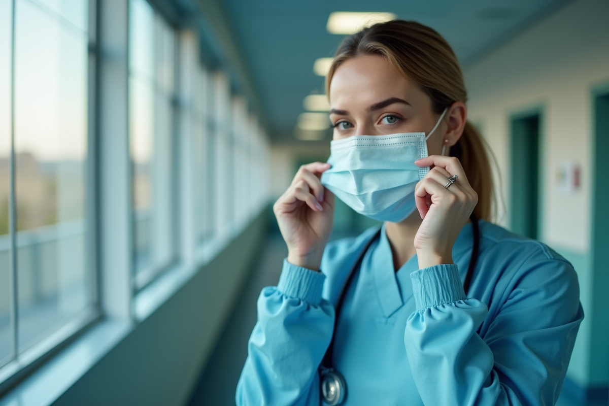 Chirurgienne confiante ajustant son masque dans le couloir