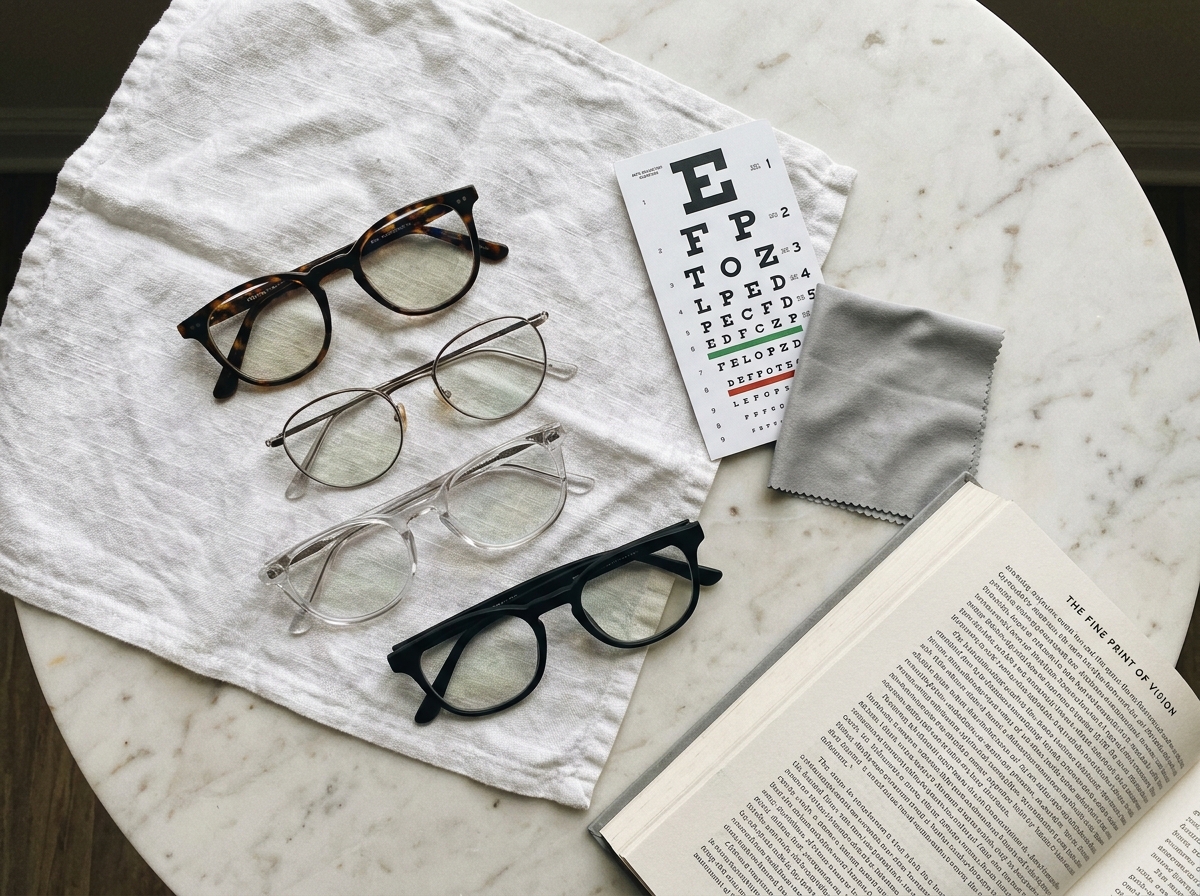 Vue de dessus de plusieurs paires de lunettes posées sur du lin blanc avec une ordonnance de vue pour choisir les meilleures options