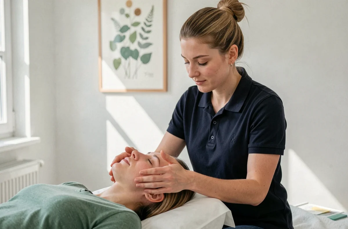 Claire Legros, ostéopathe à Hésingue, pratiquant une technique crânio-sacrée sur un patient allongé