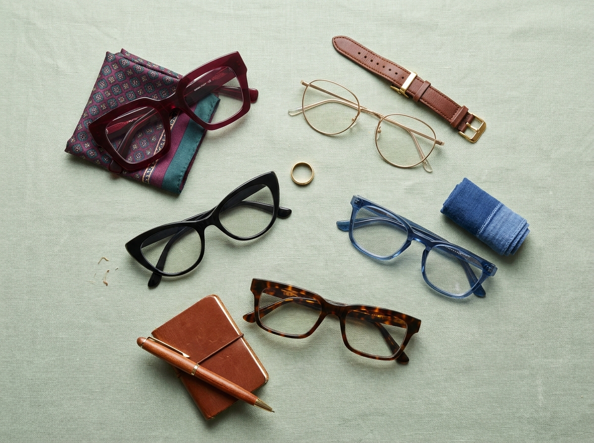 Flat lay de cinq montures de lunettes tendance disposées sur tissu lin avec accessoires de mode assortis