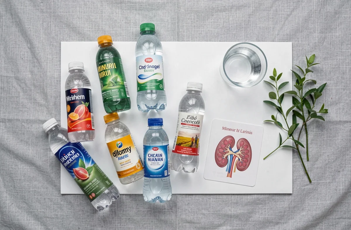 Comparatif de bouteilles d'eau minérale disposées sur fond neutre avec verre d'eau pour illustrer le choix de l'eau bénéfique aux reins