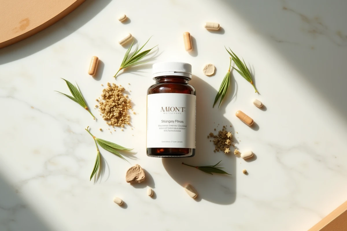 Flacon de complément alimentaire Indiva System entouré de plantes et gélules sur marbre blanc pour analyse de composition