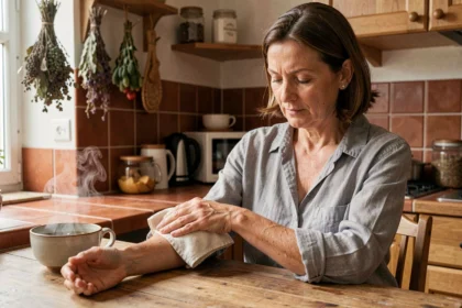 Femme appliquant une compresse chaude aux herbes sur son avant-bras pour soulager la paresthésie, remède de grand-mère naturel