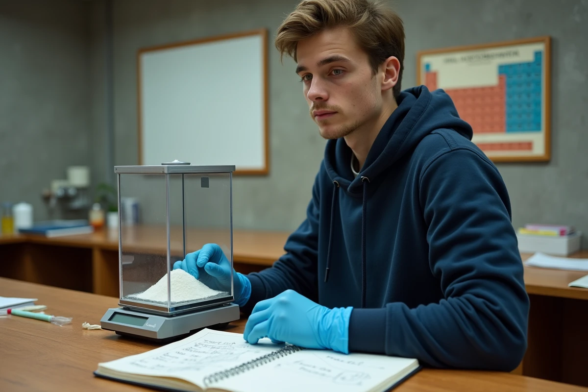 Étudiant en chimie pesant un soluté sur une balance de précision pour calculer une concentration en pourcentage massique