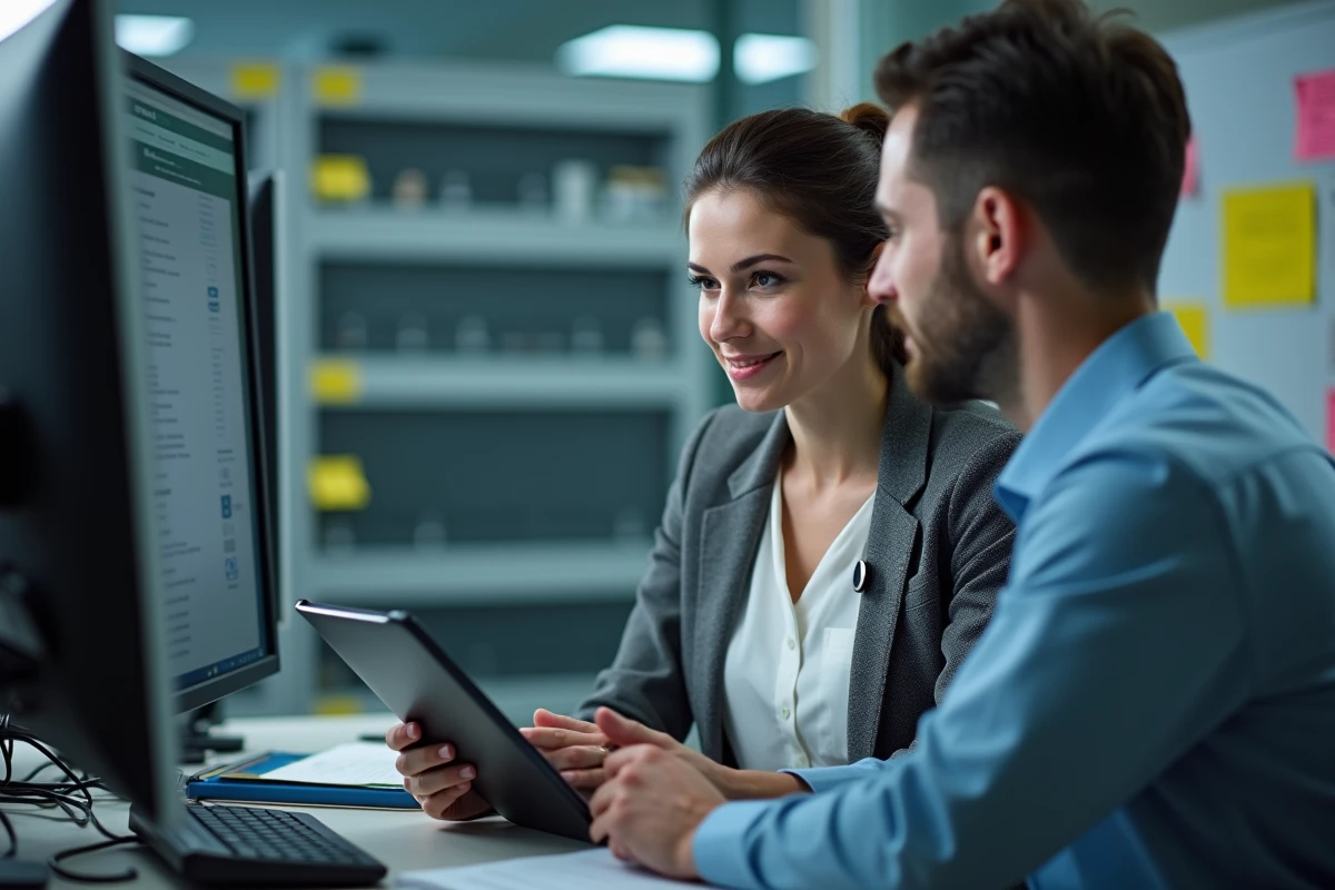 Nouvelle employée d'un CHU en train de configurer son premier accès informatique agent avec l'aide du service informatique hospitalier