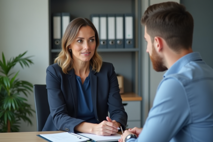 Conseiller en santé expliquant un parcours de soins à un patient