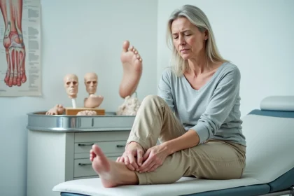 Femme d'âge moyen tenant son talon douloureux lors d'une consultation médicale pour épine calcanéenne