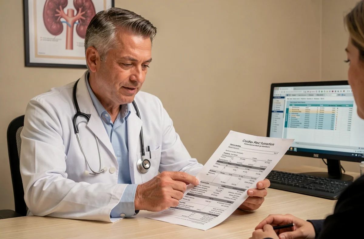 Médecin expliquant les résultats d'analyse de microalbuminurie élevée à un patient lors d'une consultation médicale