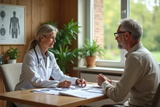 Consultation médicale neurologique dans un établissement de cure thermale en France, médecin et patient examinant un dossier médical