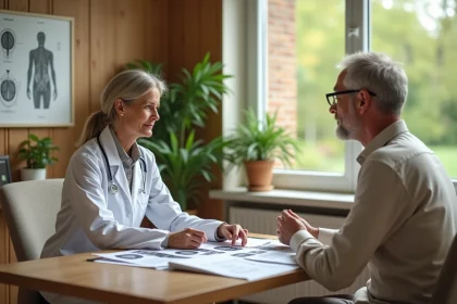 Consultation médicale neurologique dans un établissement de cure thermale en France, médecin et patient examinant un dossier médical