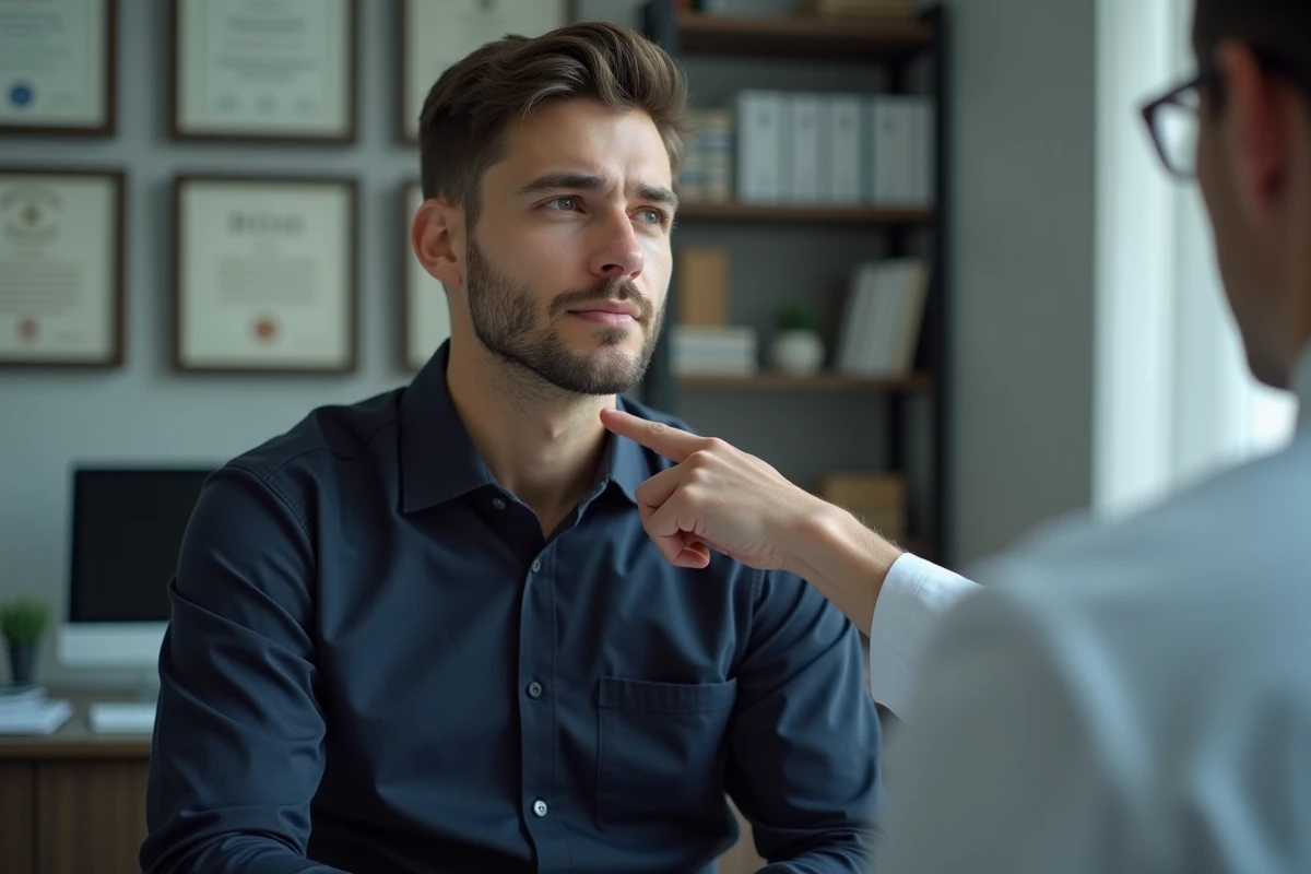 Jeune adulte consultant un médecin et indiquant une zone douloureuse de la mâchoire lors d'une consultation médicale