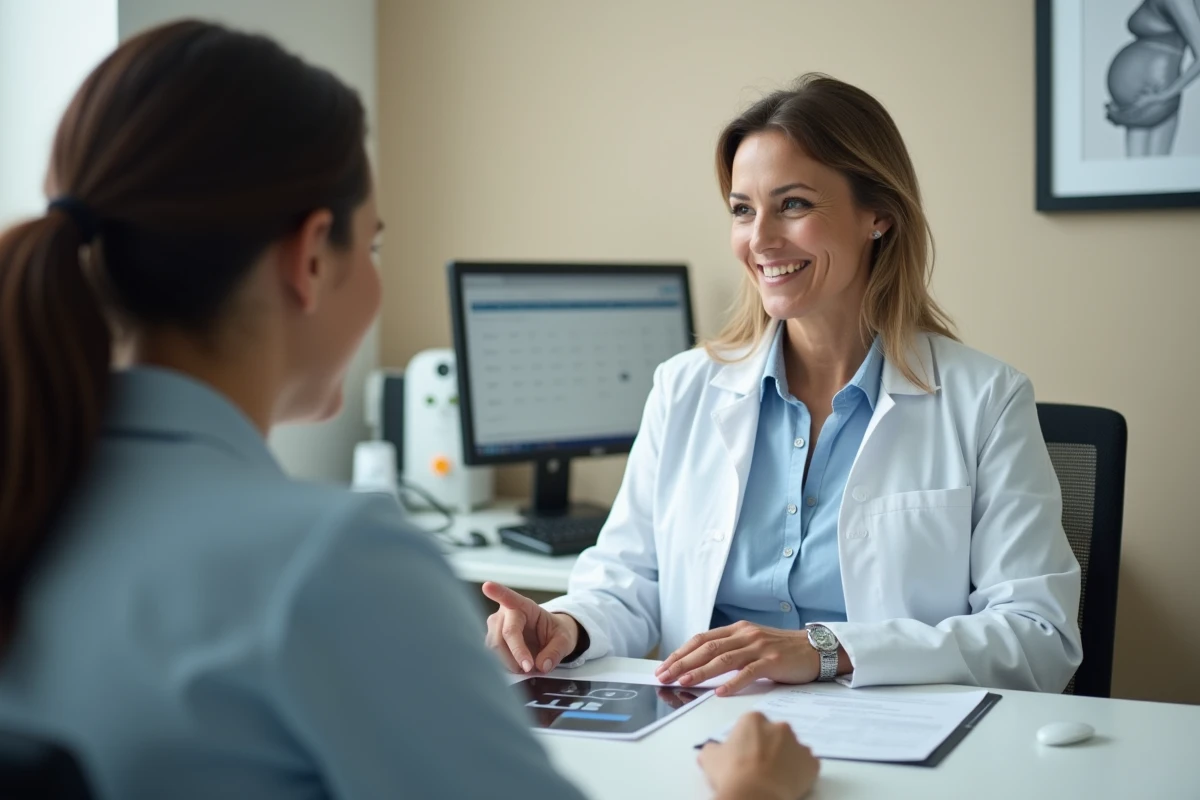 Gynécologue expliquant le calcul du terme de grossesse après PMA à une patiente lors d'une consultation médicale