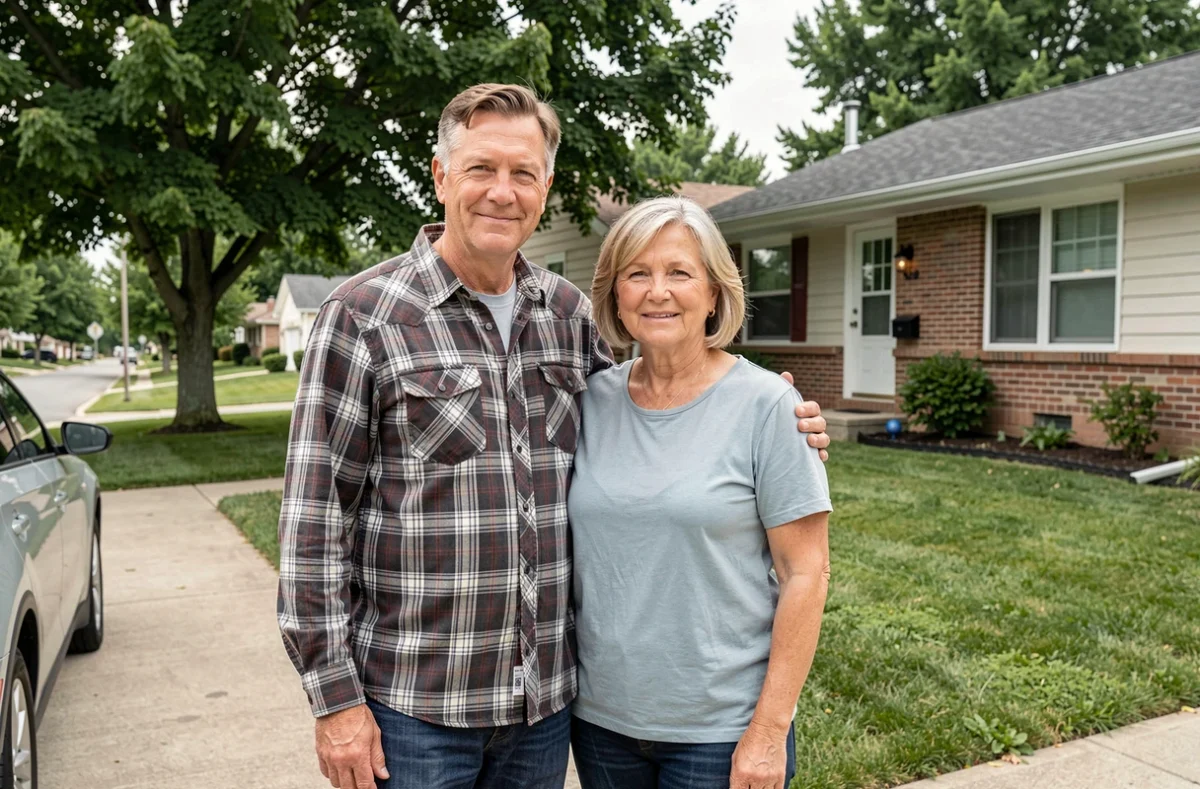 Couple adulte posant devant leur maison de banlieue américaine pour un portrait de famille informel