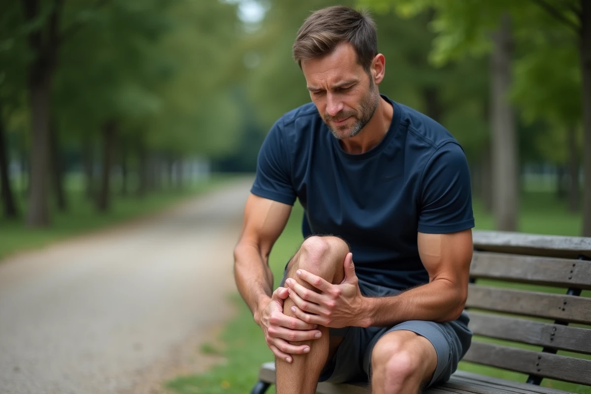 Coureur débutant assis sur un banc tenant son mollet douloureux après une contracture musculaire pendant un jogging