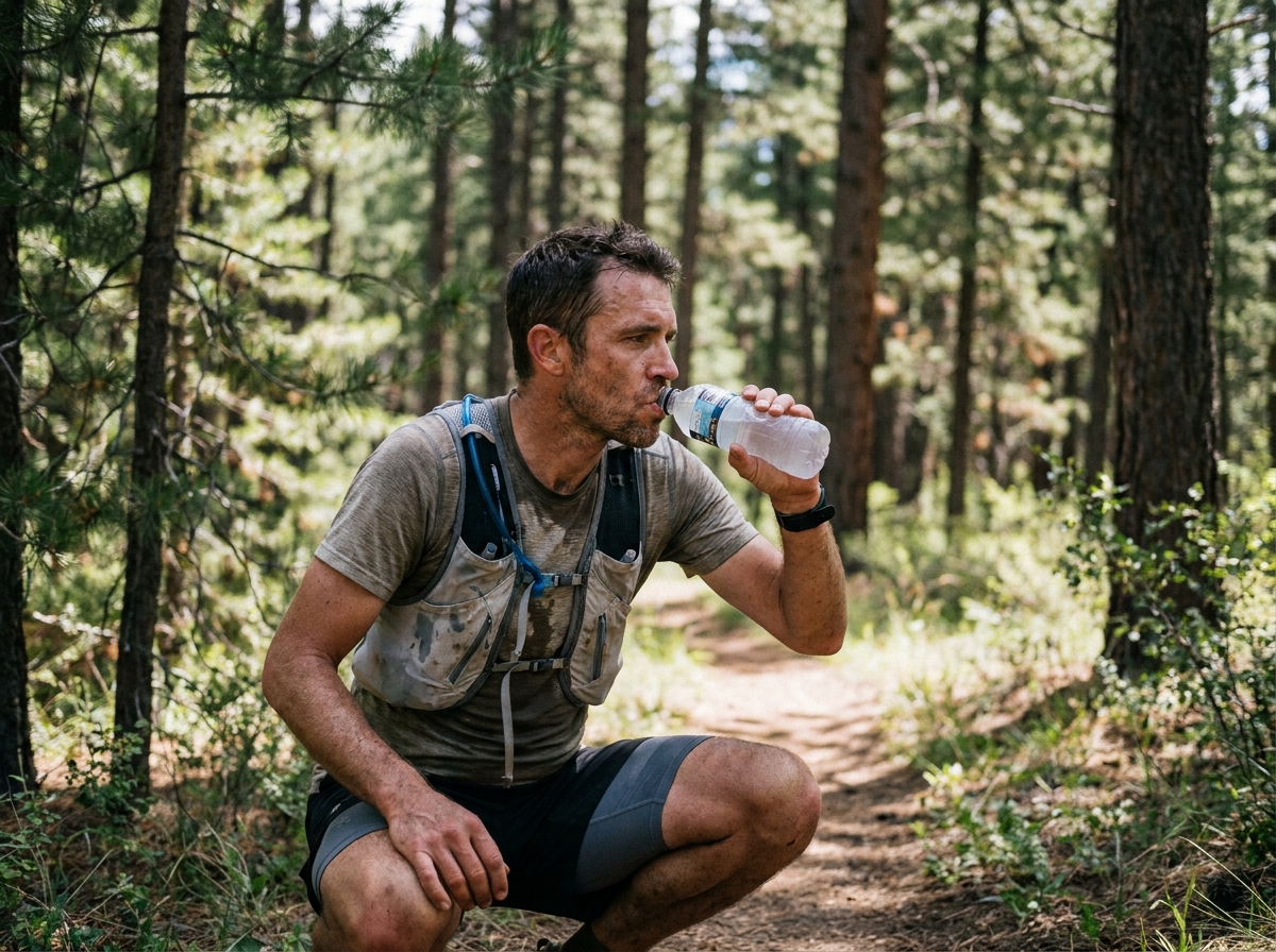 Coureur de trail s'hydratant avec une boisson électrolytique sur un sentier forestier pendant un effort d'endurance