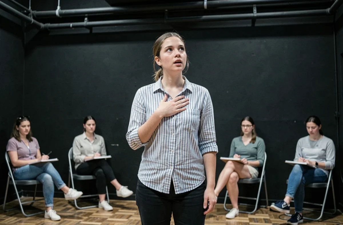 Jeune femme pratiquant l'improvisation théâtrale devant un groupe d'élèves attentifs dans une école d'art dramatique des Pays de la Loire