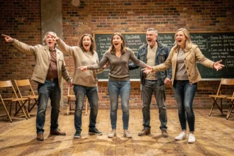 Groupe d'adultes participant à un cours de théâtre d'improvisation sur scène dans une salle de répétition à Nantes, Pays de la Loire