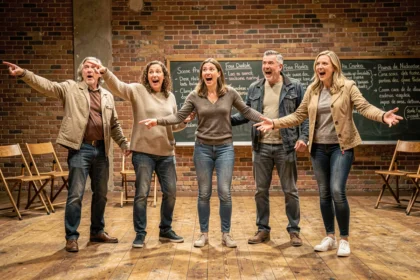 Groupe d'adultes participant à un cours de théâtre d'improvisation sur scène dans une salle de répétition à Nantes, Pays de la Loire