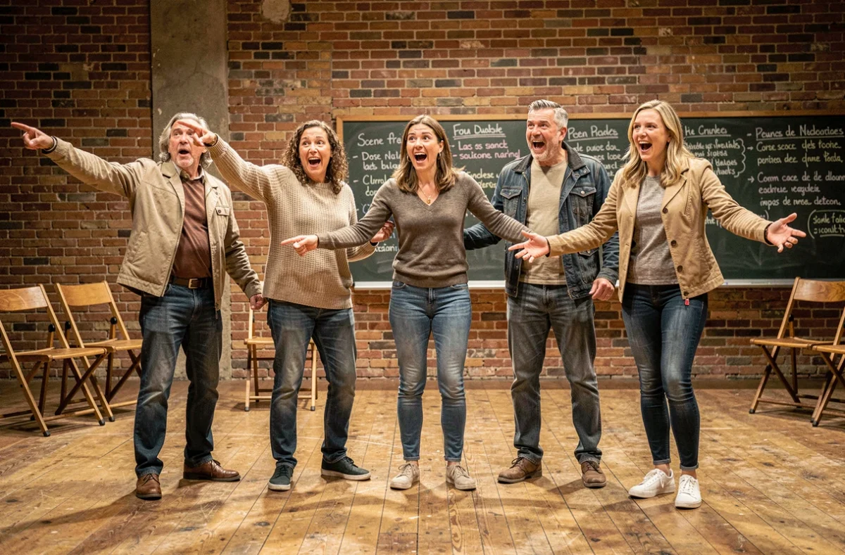 Groupe d'adultes participant à un cours de théâtre d'improvisation sur scène dans une salle de répétition à Nantes, Pays de la Loire